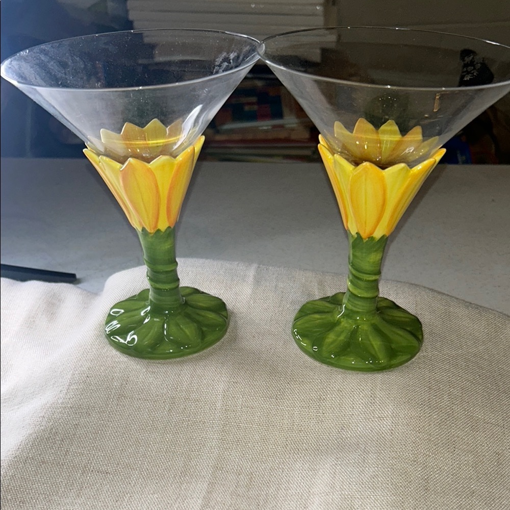 222 Fifth Sunflower hand painted  Yellow and Green Margarita Glasses
